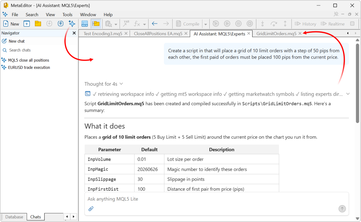 MetaEditor 中的 AI 助手